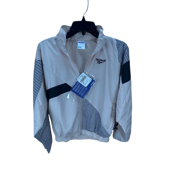 Reebok New Beige Black Collared Track Jacket With Graphic Design SZ 2XS Nylon Bl - Picture 1 of 10